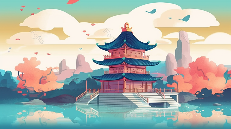 山川蓝色天空国潮古建筑湖景湖泊宫殿白云国风插画,插画/手绘图,插画/手绘图库,插画/手绘图下载,插画/手绘